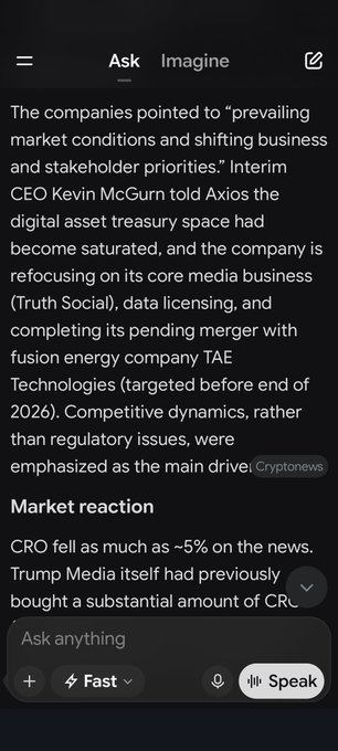 The image displays a mobile interface showing a news article about Trump Media pivoting away from its digital asset treasury business, citing CEO Kevin McGurn and the merger with TAE Technologies. Visible tickers include "CRO" (down ~5%) and "CRL," which directly supports the poster's confidence in holding despite recent market volatility affecting Trump Media-related assets.