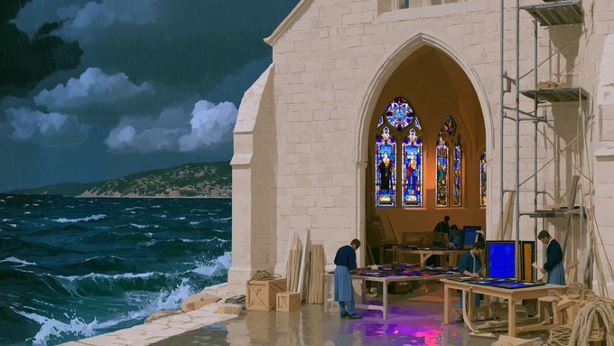 A surreal digital artwork depicting a Gothic stone chapel interior with stained glass windows, where robed figures work at tables under construction scaffolding, while a stormy sea crashes against the stone walls and open sky surrounds the structure.