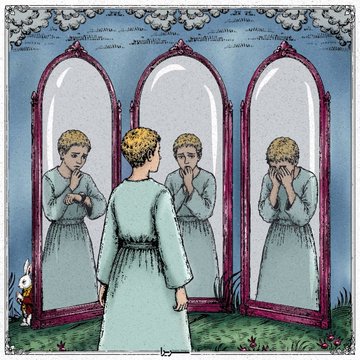 A woman in a green dress stands before three mirrors, with her reflections showing different emotional expressions — covering her face in shock.