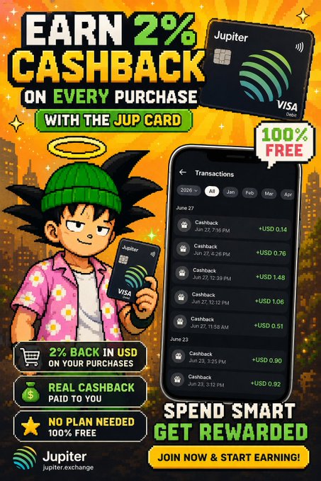 A promotional advertisement for 'The Jup Card' by Jupiter Exchange, offering 'EARN 2% CASHBACK ON EVERY PURCHASE' and '100% FREE', featuring an anime-style character and a smartphone showing transaction history.