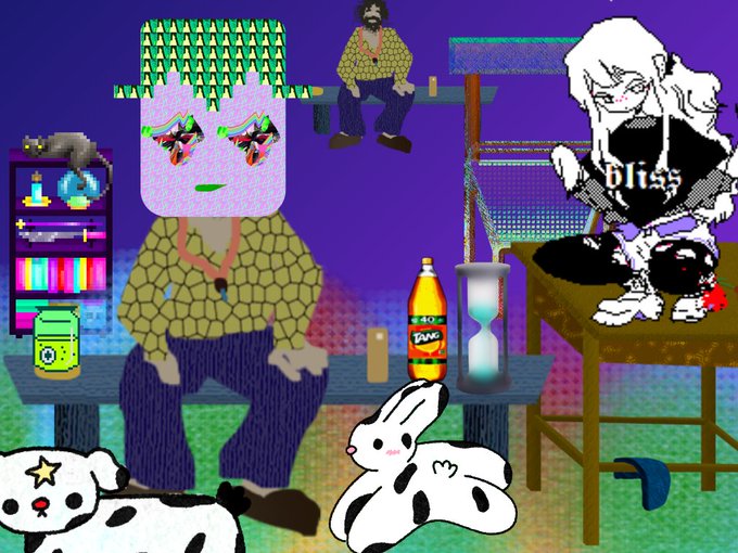 Surreal digital collage of an androgynous figure with green pixelated hair and butterfly eyes sitting on a bench, surrounded by odd objects including a duck labeled 'Dune', a rabbit, and another figure wearing a 'Bliss' shirt.