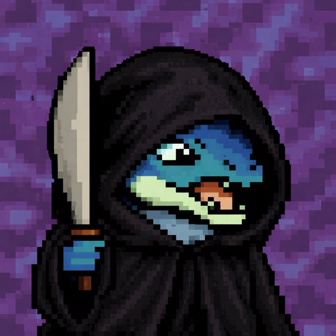 A pixel art character of a blue-skinned creature wearing a black hooded cloak and holding a dagger against a purple pixelated background.
