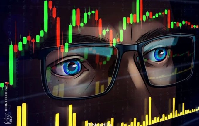 A stylized illustration shows a person with intense blue eyes wearing black-framed glasses, with their reflection overlaid on a candlestick chart of green and red bars against a dark background, visually capturing the "staring at charts all day" sentiment of crypto traders monitoring volatile price movements. The Cointelegraph watermark appears vertically on the left side of the image.