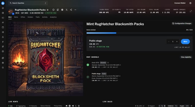 A Magic Eden NFT marketplace page showing the 'RugHatcher Blacksmith Packs' collection minting at 0.04 ETH per mint, with a price of 500.00 APT and a market cap of approximately $1.88M.