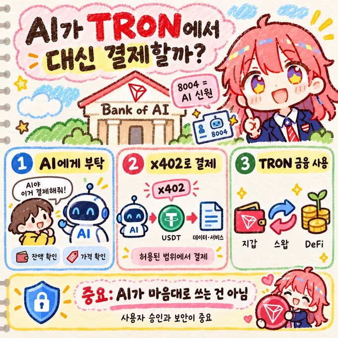 A hand-drawn Korean infographic titled 'AI가 TRON에서 대신 결제할까?' (Will AI pay instead on TRON?), explaining how AI can make payments on the TRON network using x402, featuring a cartoon 'Bank of AI' and showing a process flow for AI requesting payment, converting to USDT, and using DeFi.