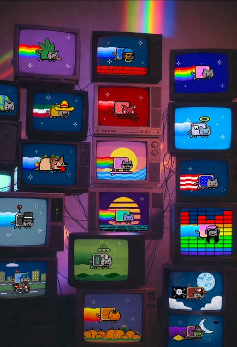 A wall of vintage CRT televisions displays the iconic Nyan Cat in various themed variations, with colorful rainbow trails streaming across each screen, embodying the meme's viral broadcast "since 2011." The diverse scenes—from space to pumpkin patches—illustrate how the meme has been endlessly remixed and shared across the internet over the years.