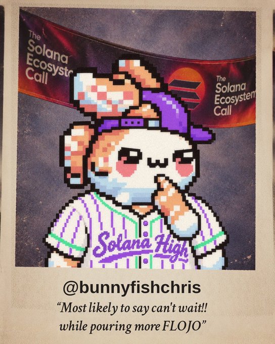 A pixel art poster showing a bunny character in a baseball cap wearing a 'Solana High' striped shirt, with text reading 'The Solana Ecosystem Call', '@bunnyfishchris', and 'Most likely to say can't wait!! while pouring more FLOJO'.
