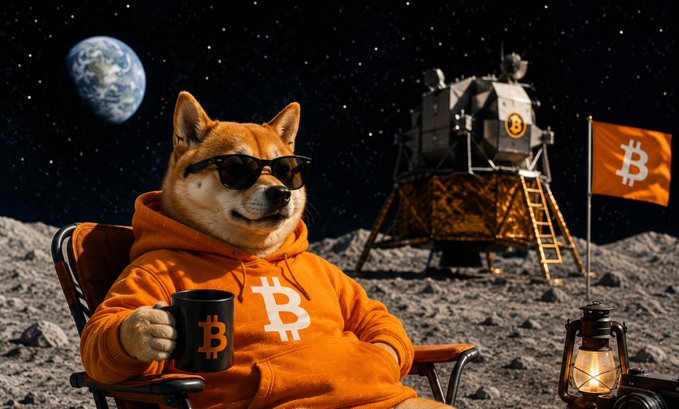 A Shiba Inu wearing sunglasses and an orange Bitcoin hoodie sits in a lunar chair holding a Bitcoin-branded mug, with a lunar lander and Bitcoin flag set against the moon's surface and Earth in the background—visually capturing the "to the moon" crypto hype referenced in the post.