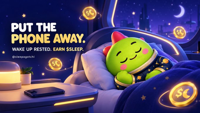 Promotional artwork for Sleepagotchi featuring a green cat-like character sleeping in bed under a starry sky with "SC" tokens floating around, with text reading "PUT THE PHONE AWAY. WAKE UP RESTED. EARN $SLEEP." and the handle @sleepagotchi.