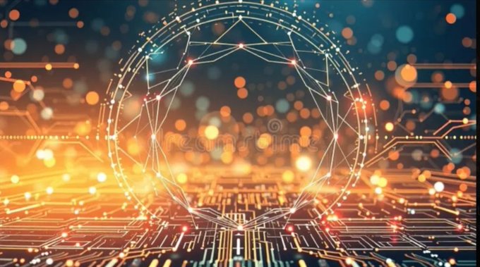 An abstract digital illustration of a glowing wireframe globe surrounded by circuit-like patterns and orange bokeh lights, with a Dreamstime watermark across the center.