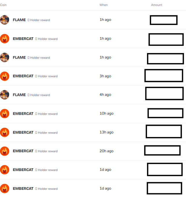 A screenshot showing a cryptocurrency transaction history with multiple entries from senders 'FLAME' and 'EMBERCAT' marked as 'Holder reward' coins, with the amounts redacted as black rectangles.