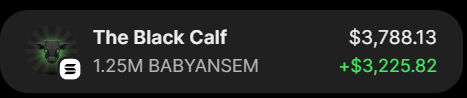 The image displays a cryptocurrency tracker entry for "The Black Calf" token, showing the ticker $BABYANSEM with a market cap of 1.25M, priced at $3,788.13 and up $3,225.82. This aligns with the post promoting $BABYANSEM, highlighting its recent significant price surge to attract potential investors.