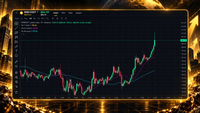 A cryptocurrency trading chart for BNB/USDT displaying price action with moving averages, set against a stylized background featuring Earth and cityscapes.