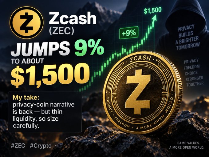 A cryptocurrency graphic for Zcash (ZEC) showing a gold coin with the text 'JUMPS 9% TO ABOUT $1,500' and a note that 'privacy-coin narrative is back — but thin liquidity, so size carefully.'