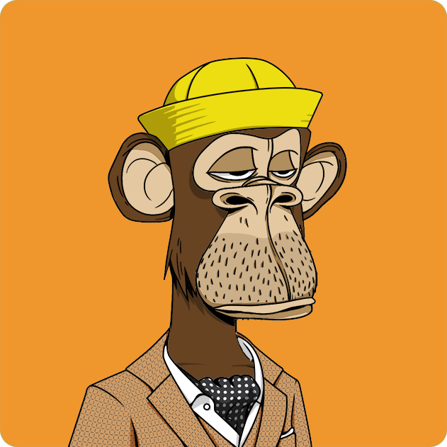 A cartoon illustration of a Bored Ape-style monkey wearing a yellow cap and beige suit jacket with a polka-dot tie, set against an orange background.
