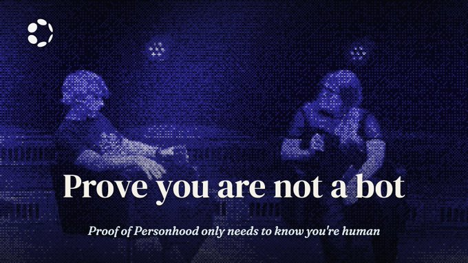 A dark blue captcha screen displays the text 'Prove you are not a bot' above the subtitle 'Proof of Personhood only needs to know you're human', featuring faint silhouettes of people.