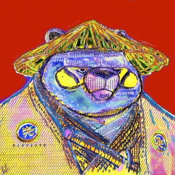 A vibrant, stylized pop-art illustration of a cat-like creature wearing a conical Asian hat, a yellow robe with decorative buttons, and pink-tinted sunglasses against a red background.