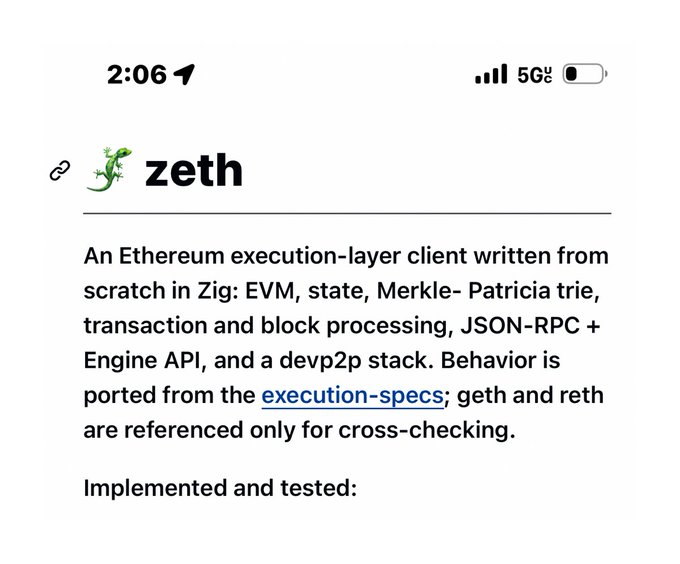 The image shows a white background with black text that reads "Zeth", which appears to be a description of an Ethereum execution-layer client written by a person named Patricia Triele, who has a name tag indicating her identity as a developer or tester. The text also mentions the execution-specs and the execution-specs are implemented and tested: this implies that the code is ready for deployment to the blockchain network.