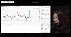 A woman with long dark hair sitting in front of a computer screen displaying a financial trading chart with red and green lines.