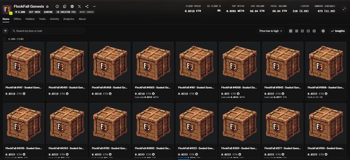 The Flockfall Genesis marketplace displays a collection of identical Sealed Genesis crate NFTs, each priced at 0.0281 ETH, aligning with the post's mention of a 0.028 ETH floor price for the collection.