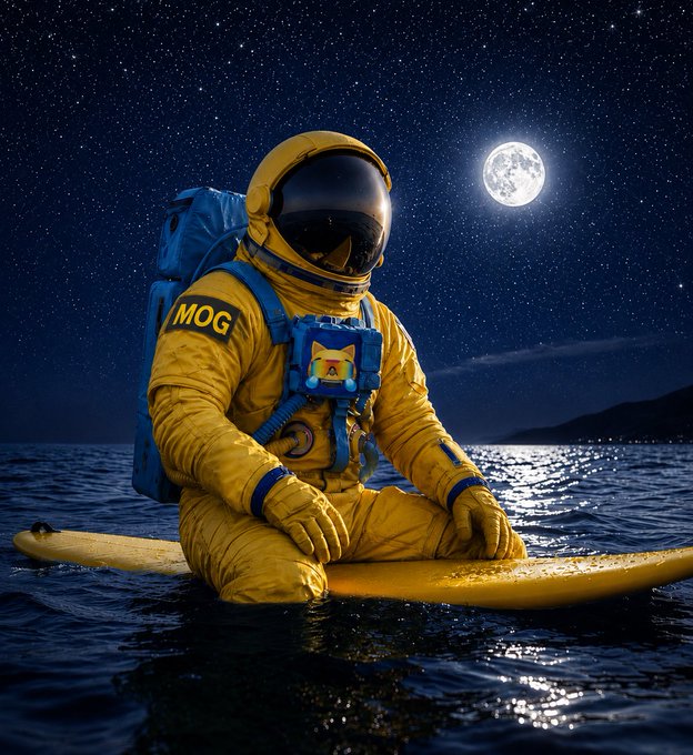 A surreal image of an astronaut in a yellow "MOG" suit sitting on a yellow surfboard in dark ocean waters under a starry sky with a full moon.