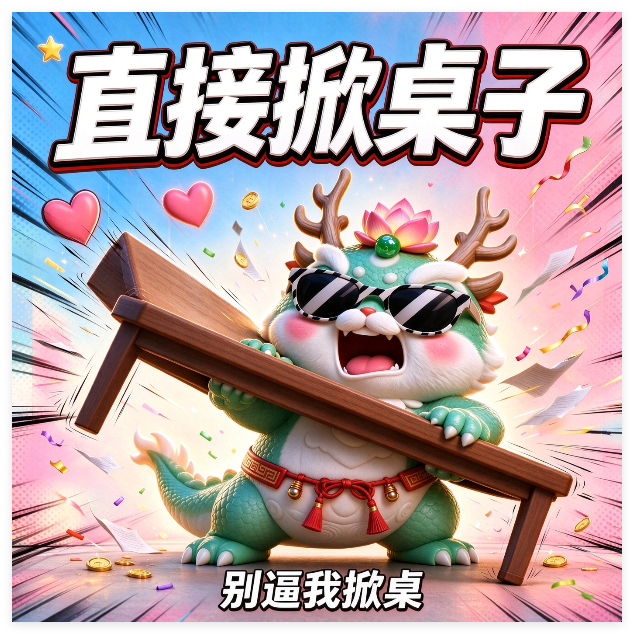An illustrated green dragon-like creature wearing sunglasses and a lotus headpiece aggressively flips a wooden table, with Chinese text reading '直接掀桌子' (directly flip the table) at the top and '别逼我掀桌' (don't force me to flip the table) at the bottom.