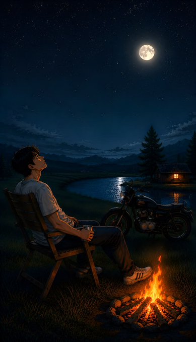 A stylized illustration of a man relaxing in a chair beside a campfire and motorcycle, looking up at the moonlit sky over a tranquil lake and distant cabin.