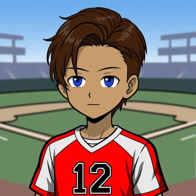 An anime-style illustration of a young boy with brown hair wearing a red and white baseball jersey with the number 12.