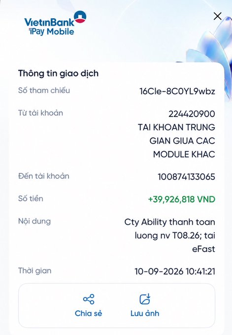 A VietinBank iPay Mobile transaction confirmation showing a transfer of +39,926,818 VND dated 10-09-2026 from a shared account to account 100874133065 for a payroll payment (Cty Ability thanh toan luong nv T08.26).