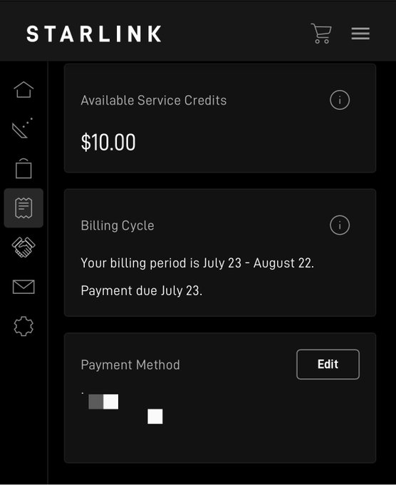 A Starlink account billing page showing $10.00 in available service credits, a billing cycle from July 23 to August 22 with payment due July 23, and a masked payment method. The image supports the post's reminder to switch the Starlink payment method to X Money in order to earn the 3% cash back offer.