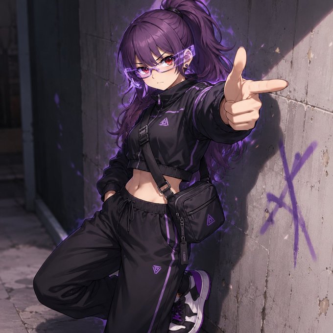 An anime-style illustration of a girl with purple hair and glowing purple glasses, wearing a black tracksuit, leaning against a concrete wall marked with purple graffiti while pointing forward.