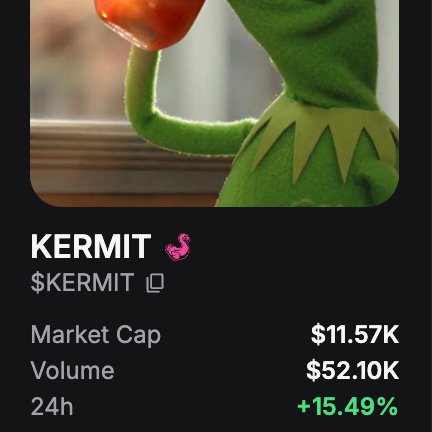 A cryptocurrency listing for $KERMIT featuring Kermit the Frog, showing a market cap of $11.57K, volume of $52.10K, and a +15.49% change in 24 hours.