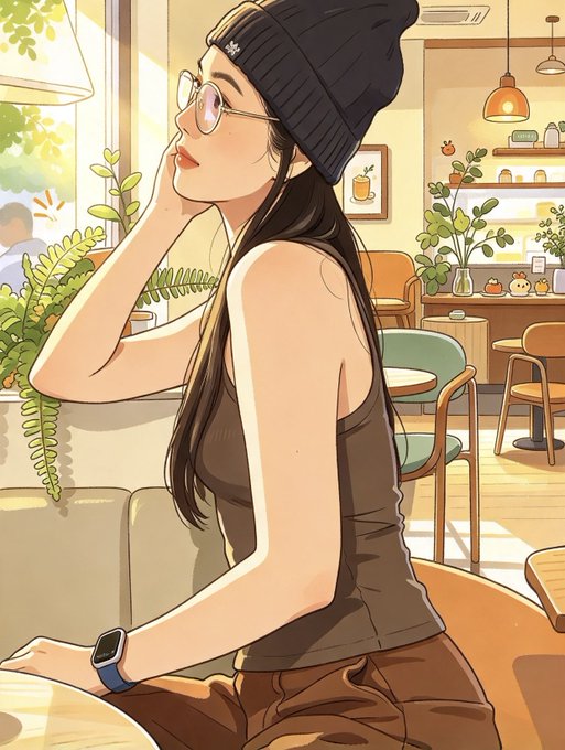 An anime-style illustration of a woman wearing a black beanie, round glasses, and a brown tank top, sitting thoughtfully in a sunlit cafe with plants and wooden furniture.