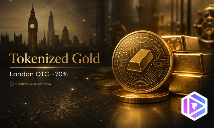 A promotional banner titled 'Tokenized Gold' displaying 'London OTC ~70%' and 'Collateral use under review,' featuring a golden coin alongside gold bars with the London skyline in the background.