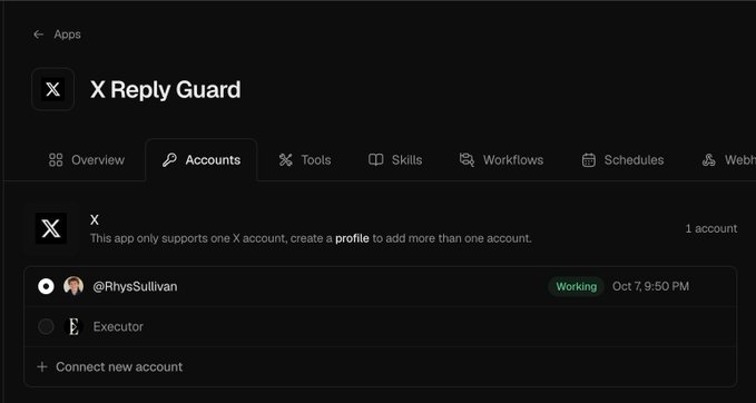 A dark-themed dashboard interface for an app called 'X Reply Guard', showing an 'Accounts' tab with a connected account @RhysSullivan marked as 'Working'.
