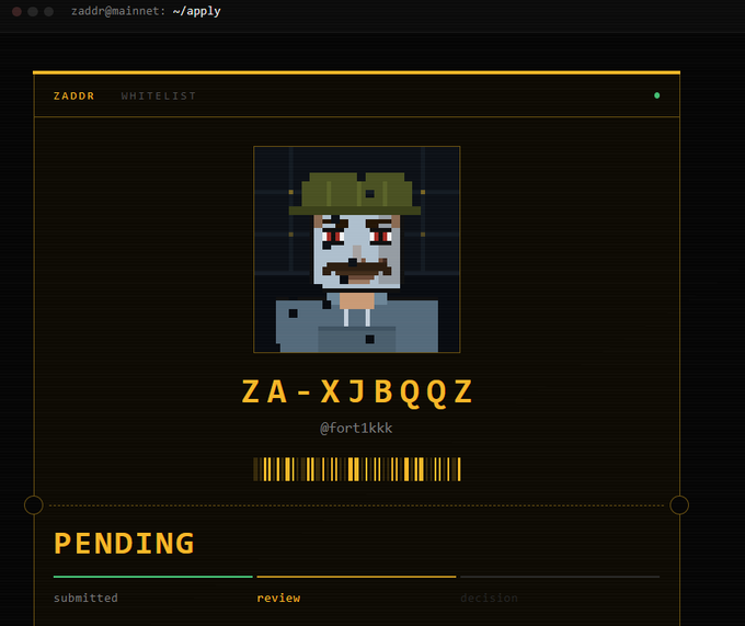 A pixel art character wearing a green hat displayed on a dark interface reading 'ZADDR WHITELIST' with the code 'ZA-XJ BQQZ' and a 'PENDING' review status.