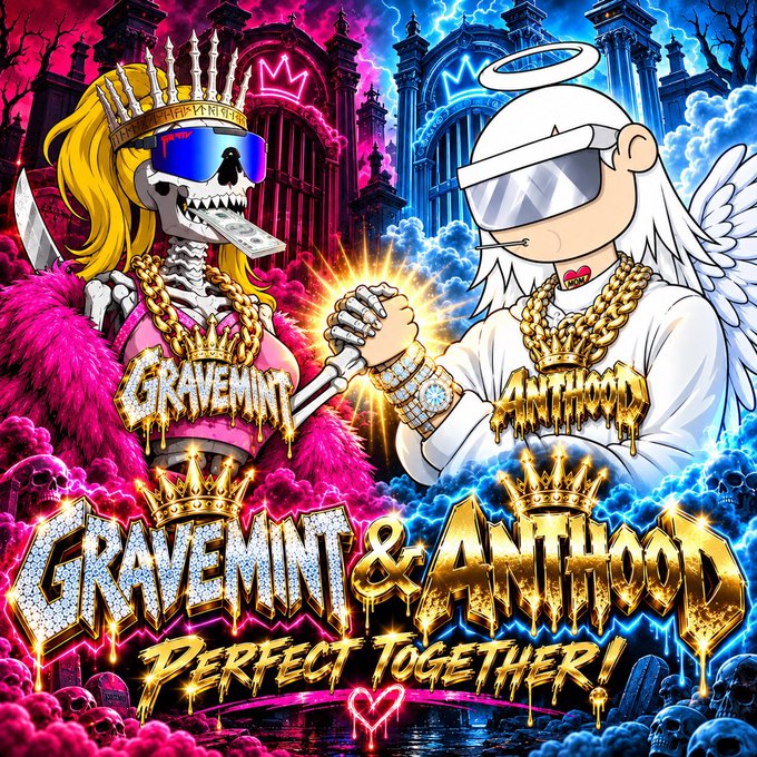 A vibrant, stylized digital artwork featuring cartoon characters labeled 'GRAVEMINT' (a skeleton) and 'ANTHOOD' (an angel) clasping hands, with text reading 'GRAVEMINT & ANTHOOD PERFECT TOGETHER!'.