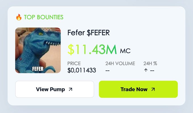 A 'Top Bounties' crypto listing for Fefer ($FEFER) token showing a market cap of $11.43M, price of $0.011433, with options to 'View Pump' and 'Trade Now'.