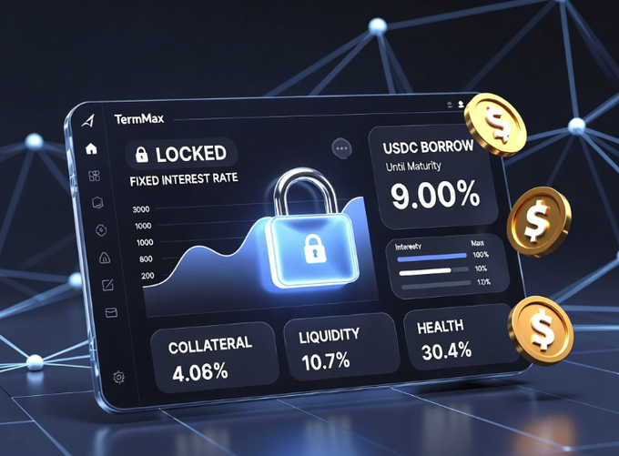 A floating glass dashboard for TermMax displays a "LOCKED" position with a fixed USDC borrow rate of 9.00% until maturity, alongside metrics showing 4.06% collateral, 10.7% liquidity, and 30.4% health, accented by gold dollar coins. The padlock icon and "Fixed Interest Rate" label visually reinforce the post's main point—that TermMax's ability to lock borrowing rates to maturity transforms floating-rate debt into a predictable, pure directional trade.