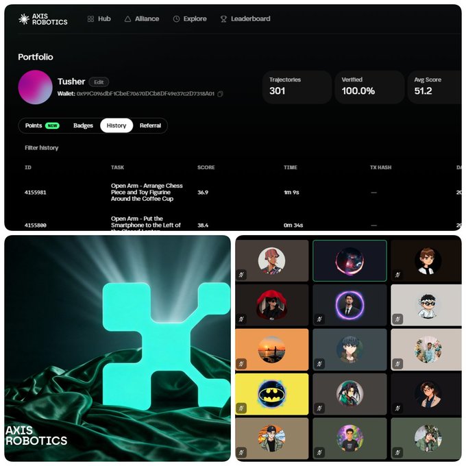 A user's Axis Robotics portfolio dashboard showing username "Tusher" with a wallet address, displaying the stats 301 trajectories, 100.0% verified, and 51.2 average score, alongside Axis Robotics branding and a gallery of user avatars that illustrates their Day 4 progress and community involvement.