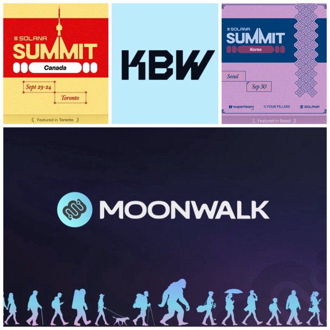 The image showcases promotional graphics for "SOLANA Summit" in Canada (Sept 23-24, Toronto) and Korea (Sept 30, Seoul), alongside "KBW" and "MoonWalk," a fitness app featuring silhouettes of human evolution and people with pets, tying into the post's announcement of a 2-day step-tracking game for both events.