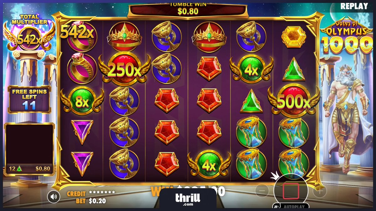 A triumphant slot machine win on "Gates of Olympus 1000" featuring Zeus, displaying a massive $5,425.20 payout with a 542x total multiplier and 11 free spins remaining, aligning with the post's celebration of hitting maximum wins on the popular game.