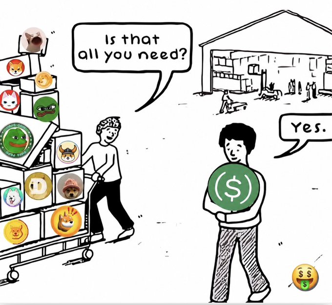 A cartoon warehouse worker pushing a tall cart filled with various boxes labeled with different meme coin logos (dogs, cats, Pepe, etc.) asks "Is that all you need?" to a person holding a large green coin with a dollar sign, who simply responds "Yes."—visually representing the post's theme of prioritizing the single stablecoin $USDP over the hundreds of speculative meme tokens cluttering the crypto landscape.