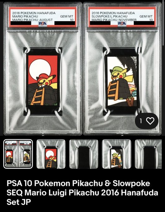 PSA 10 graded Pokemon Hanafuda cards featuring Mario Pikachu and Slowpoke, dated August and November 2016, with text 'PSA 10 Pokemon Pikachu & Slowpoke SEQ Mario Luigi Pikachu 2016 Hanafuda Set JP'.