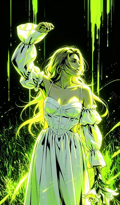 An anime-style illustration of a woman in a flowing white dress surrounded by glowing green energy and falling rain-like effects.