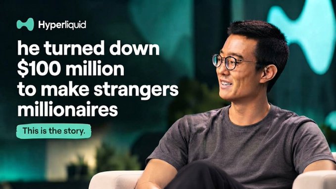 A promotional thumbnail for Hyperliquid features a smiling man in glasses and a gray shirt, with text reading "he turned down $100 million to make strangers millionaires" and "This is the story." The image, alongside the post about Jeff Yan declining a $1 billion valuation term sheet, highlights his unconventional decision to prioritize users over traditional startup success.