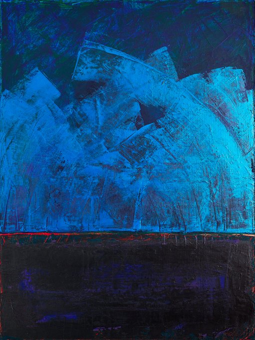 An abstract painting dominated by blue hues with textured brushstrokes and a dark lower section accented with red lines.