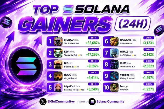 A purple-themed 'Top Solana Gainers (24H)' infographic listing the top 10 SOL meme tokens led by MURAD/SOL at +32,687% and LEVI/SOL at +17,295%, branded by Solana Community.