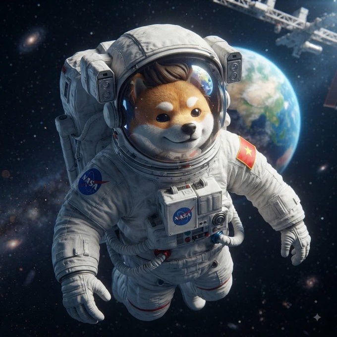 A digital illustration of a Shiba Inu dog wearing a NASA spacesuit with a Chinese flag patch, floating in space with Earth and a space station in the background.