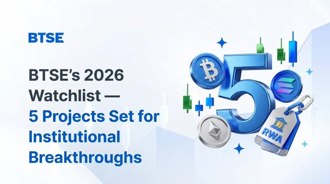 The image features a poster with blue and green shapes, including a number five and a coin, along with text that reads "BTSE's 2026 Watchlist - 5 Projects Set for Institutional Breakthroughs". The poster appears to be promoting an event or project related to cryptocurrency and the stock market.